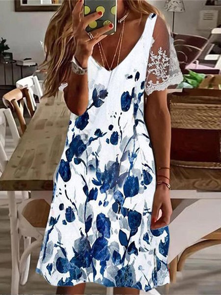 

Casual V Neck Dress, Blue, Dresses