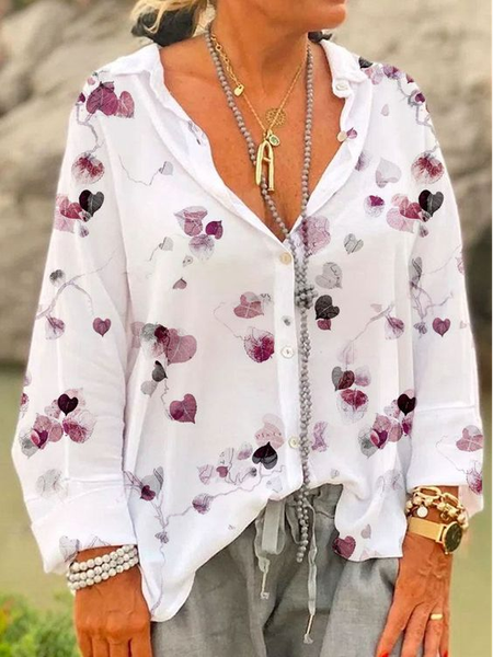 

Floral Casual V Neck Loose Blouse, White, Blouses & Shirts