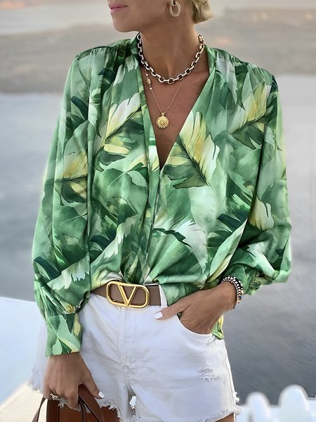 

Vacation Plants V Neck Long Sleeve Loosen Blouse, Green, Blouses and Shirts