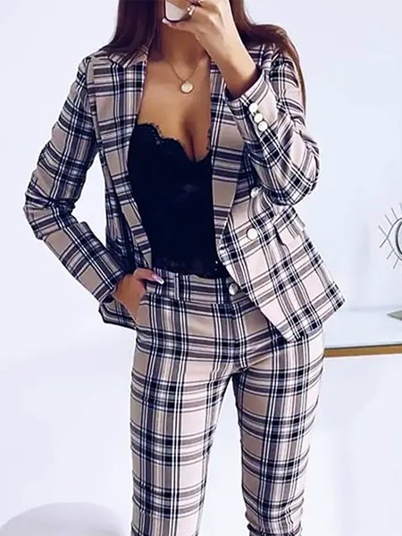 

Lapel Collar Regular Fit Urban Plaid Blazer, As picture, Blazers