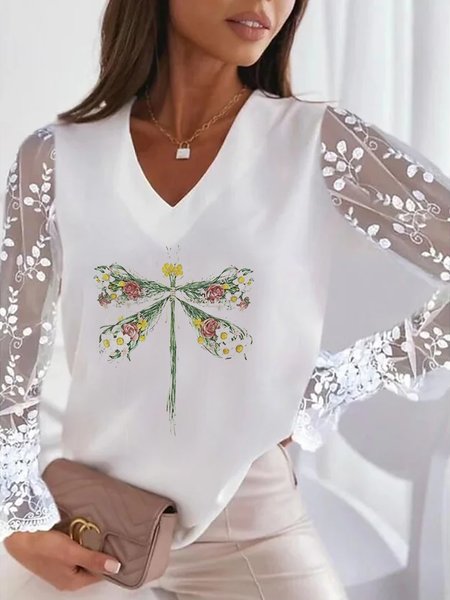 

Dragonfly Loose Boho V Neck Top, White, Shirts & Blouses