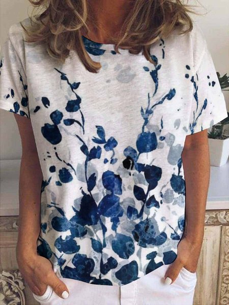 Women's Flower Art Print Casual T-Shirt, Blue, T-shirts