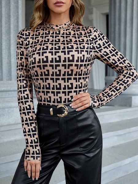 

Long sleeve Half Turtleneck Geometric Elegant T-Shirt, Khaki, Tees