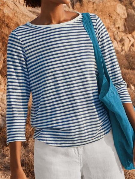 

Loose Cotton-Blend Casual Crew Neck T-Shirt, Blue, T-Shirts