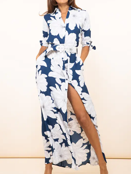 

Floral Loose Shirt Collar Casual Dress, Deep blue, Dresses