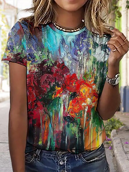 

Women‘s Loose Simple Crew Neck Plants T-Shirt, As picture, T-shirts