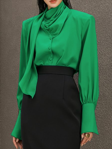 Elegant Ruched Plain Long Sleeve Blouse, Green, Blouses and Shirts