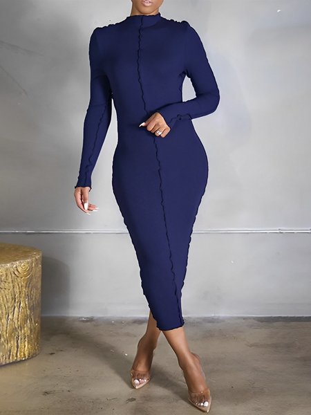 

Tight Plain Long Sleeve Elegant Midi Dress, Blue, Midi Dresses