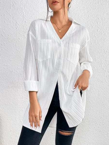 

Regular Fit Plain Casual Shawl Collar Blouse, White, Shirts & Blouses