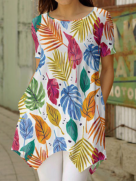

Crew Neck Casual Leaf Loose Top, White, Shirts & Blouses