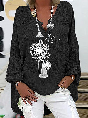 

Casual Linen V Neck Loose Blouse, Black, Tunics