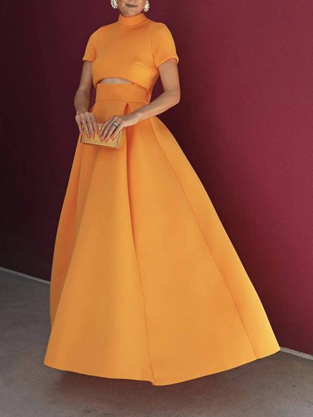 

Short sleeve Half Turtleneck Elegant Party Dress, Yellow, Maxi Dresses