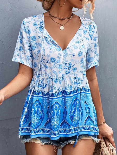 

Regular Fit Floral Boho V Neck Top, Blue, Shirts & Blouses
