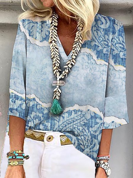V Neck Loose Abstract Casual Top, Blue, Blouses