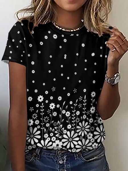 

Women's Flower Print Casual Crew Neck T-Shirt, Black, T-shirts