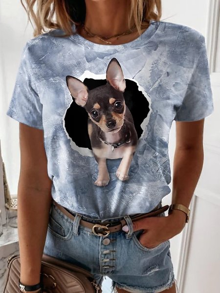 

Loose Casual Crew Neck Dog T-Shirt, Blue, T-Shirts