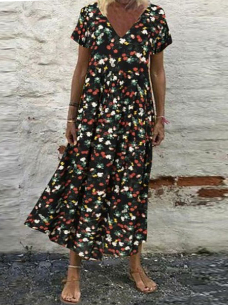 

Loose Casual V Neck Floral Dress, Black, Dresses