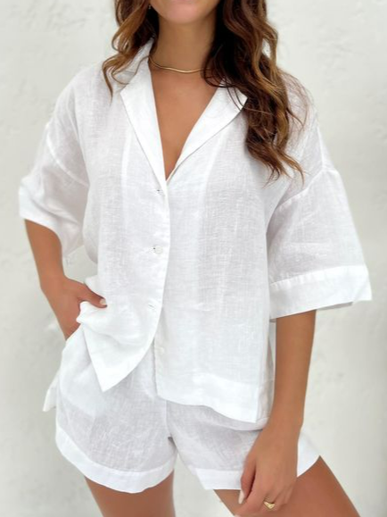 

Casual Linen Plain V Neck Two-Piece Set, White, Suits