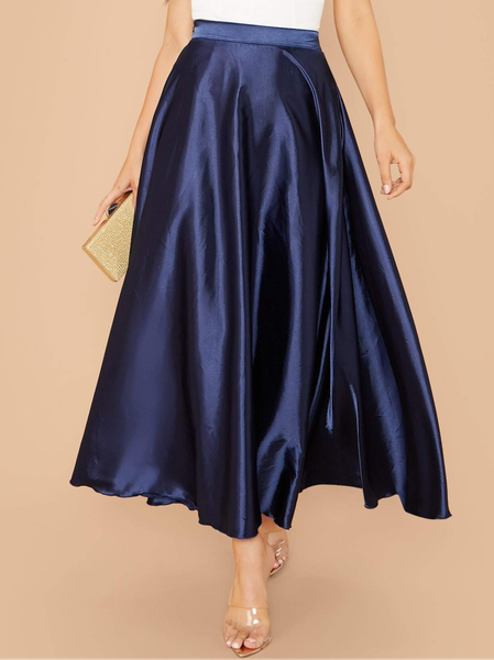 

Regular Fit Elegant Plain Satin Skirt, Blue, Skirts