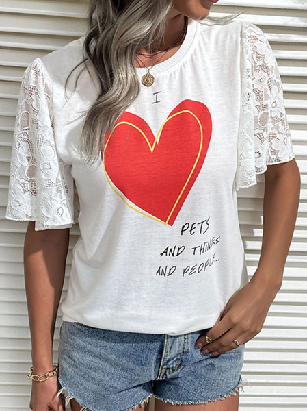 

Lace Loose Casual Crew Neck T-Shirt, White, T-Shirts