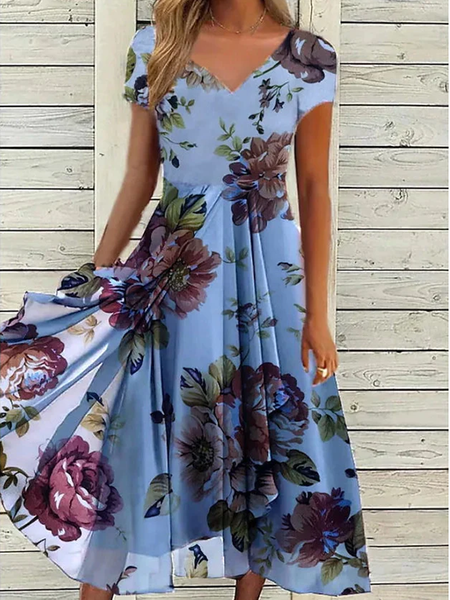 

Floral Regular Fit Casual Chiffon Dress, Blue, Formal Dresses