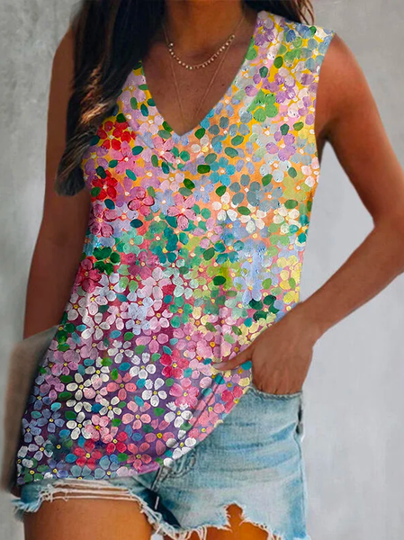 

Loose V Neck Floral Boho Tank & Cami, Multicolor, Tanks & Camis