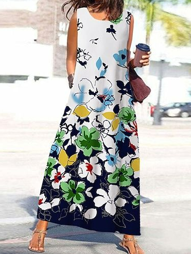 

Crew Neck Floral Casual Loose Dress, White, Dresses