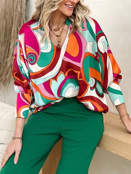 

Long sleeve Loose Urban V Neck Blouse, As picture, Blouses and Shirts