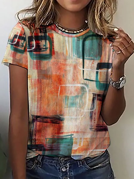 

Women's Abstract Art Print Casual Crew Neck T-Shirt, As picture, T-shirts