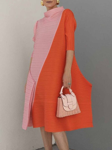 

Color Block Half Turtleneck Regular Fit Elegant Dress, Orange, Mini Dresses