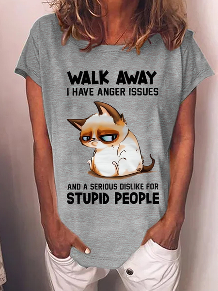 

Women's Funny Word Grumpy Cat Walk Away I Have Anger Issues And A Serious Dislike For Stupid People Cat Casual T-Shirt, Gray, T-shirts