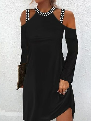 

Casual Plain Cold Shoulder Dress, Black, Dresses
