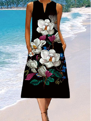 

Floral Loose V Neck Casual Dress, Black, Dresses