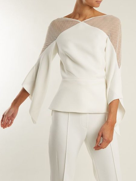 

V Neck Plain Elegant Regular Fit Blouse, White, Blouses and Shirts