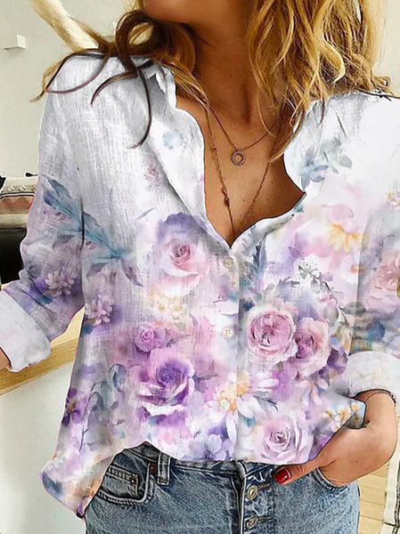 

Shirt Collar Casual Floral Loose Blouse, White, Shirts & Blouses