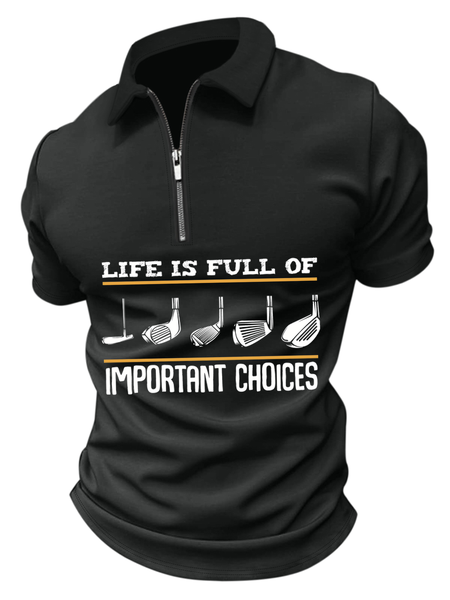 

Men's Life Is Full Of Important Choices Funny Graphic Print Text Letters Casual Polo Collar Polo Shirt, Black, T-shirts