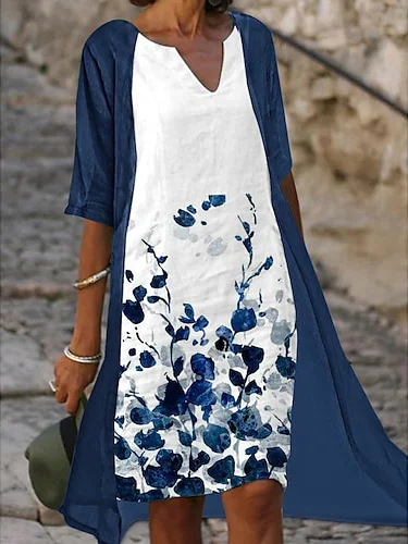 

Charming Two Pieces V Neck Floral Half Sleeve Mother of the Bride Groom Wedding Guest Formal Dress With Cardigan, Blue, Mini Dresses