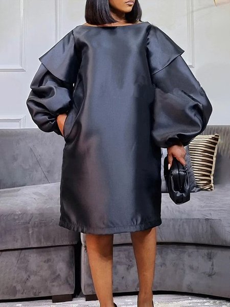 

Urban Loose Boat Neck Lantern Sleeve Plain Dress, Black, Midi Dresses