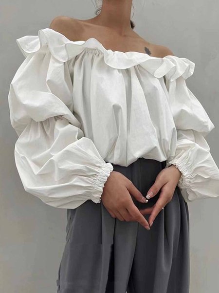 Long sleeve Cold Shoulder Elegant Regular Fit Blouse, White, Blouses and Shirts