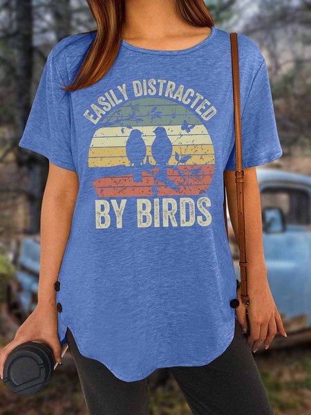 

Women's Easily Distracted By Birds Funny Graphic Print Text Letters Vintage T-Shirt, Blue, T-shirts