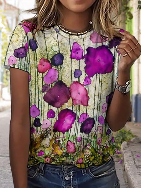 

Women's Loose Simple Plants T-Shirt, Purple, T-shirts