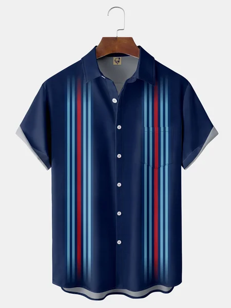 

3D Stripe Chest Pocket Short Sleeve Bowling Shirt, Blue, Men Shirts