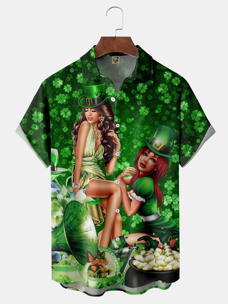 

St. Patrick's Day Belle Chest Pocket Short Sleeve Casual Shirt, Green, Men Shirts