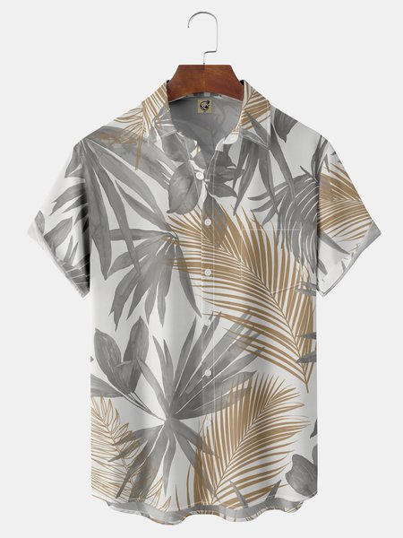 

Leaves Chest Pocket Short Sleeve Hawaiian Shirt, Khaki, Men Shirts