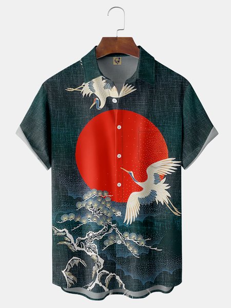 Japanese Ukiyo-e Crane Chest Pocket Short Sleeve Hawaiian Shirt, Navyblue, Men Shirts