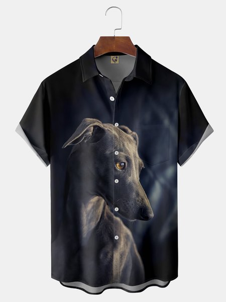 

Greyhound Chest Pocket Short Sleeve Casual Shirt, Black, Men Shirts