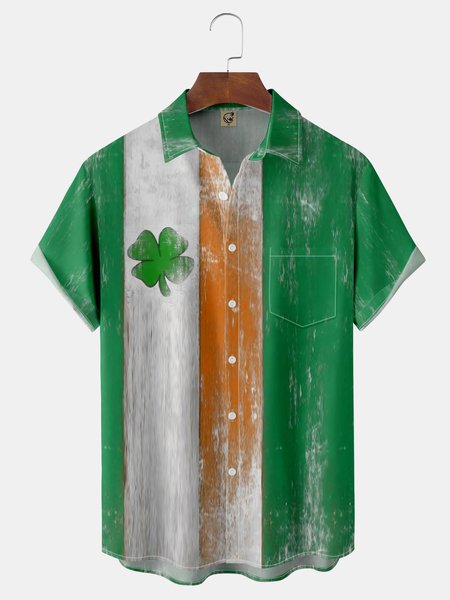 

St Patricks Day Clover Chest Pocket Short Sleeve Bowling Shirt, Green, Men Shirts