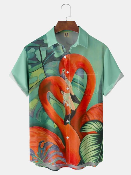 

Flamingo Chest Pocket Short Sleeve Hawaiian Shirt, Green, Men Shirts