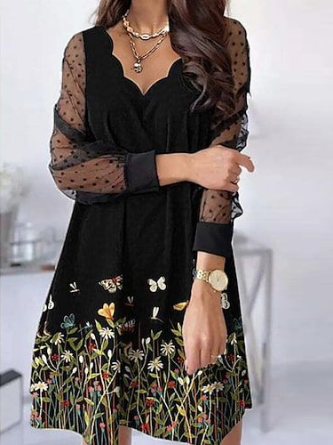 

Floral Casual V Neck Dress, Black, Dresses