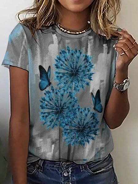 

Women's Butterfly Dandelion Art Print Crew Neck Casual T-Shirt, Blue, T-shirts